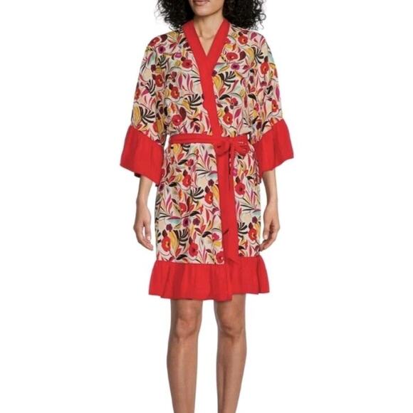 *NO BELT* The Pioneer M 8 10 Robe Kimono Red Floral Tropical Cover Up Lounge - Picture 2 of 8